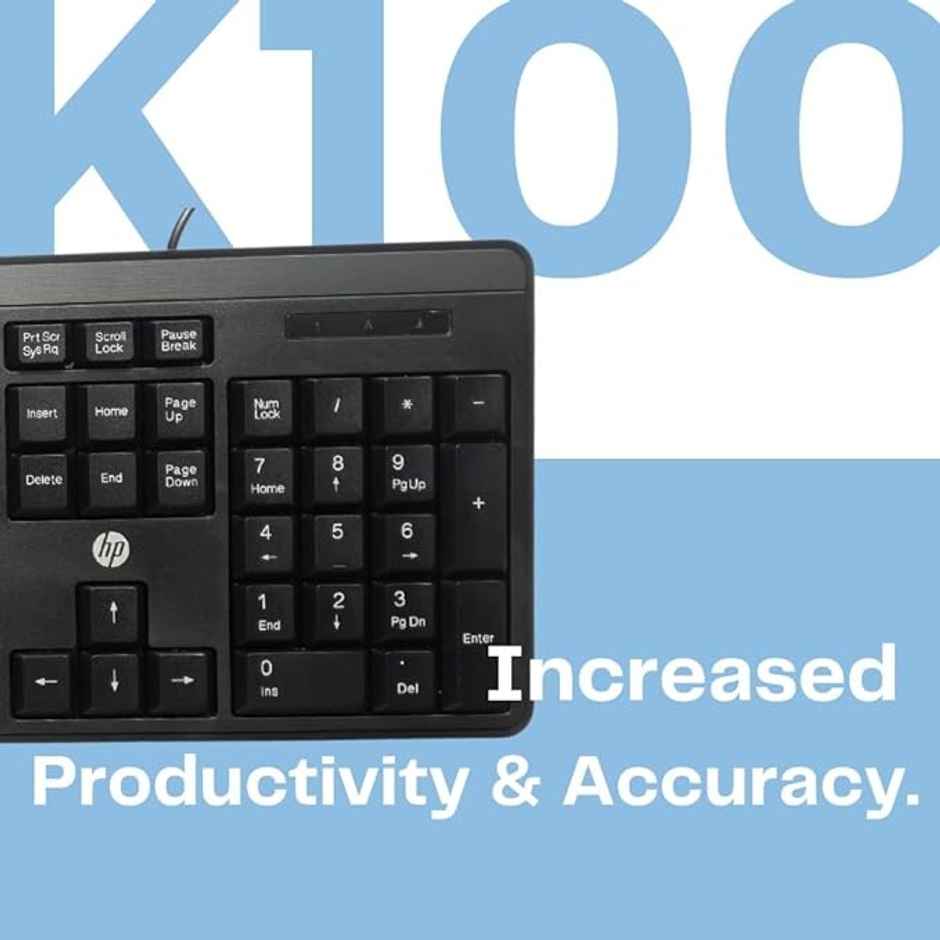 HP K100 Wired Keyboard| USB Plug & Play Setup | LED Indicators (7J4G1AA) - Black