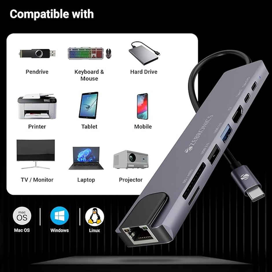 Zebronics CT81 8 in 1 USB C Hub 4K HDMI 100W PD USB 3.0 2 C 2 USB SD mSD RJ45 Metal