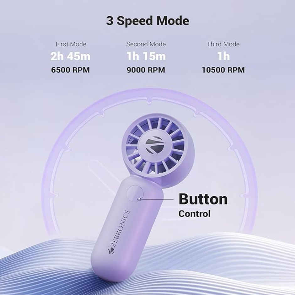 Zebronics Heat Buster 100 Purple Mini Fan 10500 RPM 3 Speed 5.4m, Airflow Type C Charge