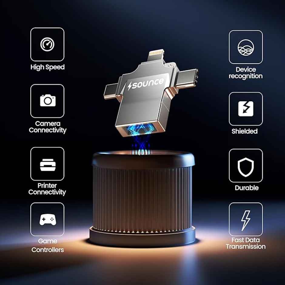 Sounce 4-In-1 OTG Adapter Converter with Lightning | Type C | Micro USB, Silver