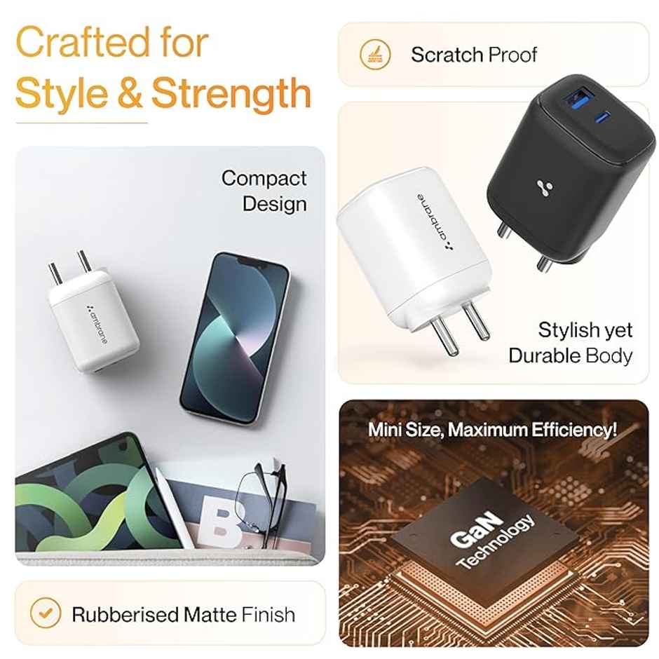 Ambrane 45W Dual Port GaN Charger, USB & Type C Port with QC & PD Technology Compatible with MacBook & Type-C Laptop Charging, iPhone, iPad, Samsung, Redmi, Mi, Oneplus, Oppo, Vivo (Charge 45) - Black