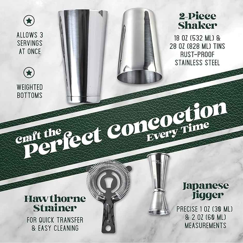 Lifelong Mixology Cocktail Shaker Set | Weighted Boston Shaker | Strainer & Japanese Jigger