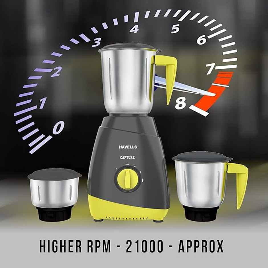 Havells Capture 500W 3 Jar Mixer Grinder, High Speed 21000 RPM Motor, Stainless Steel Blades (Grey & Green)