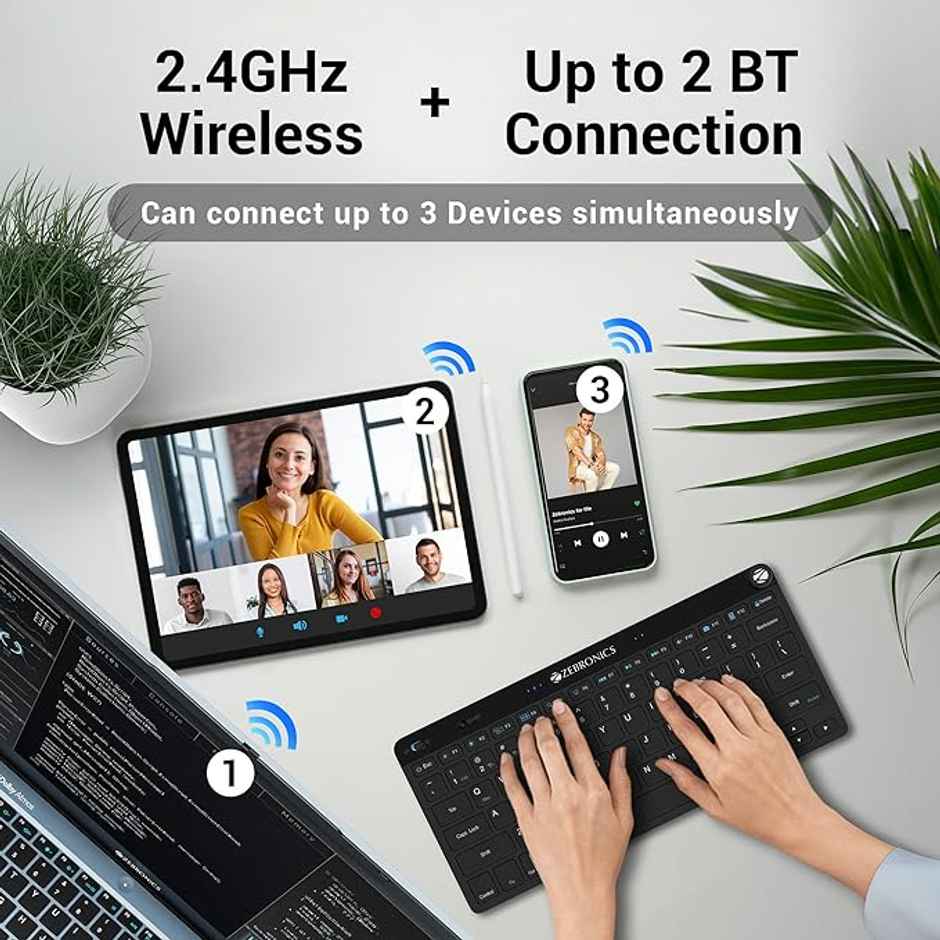 Zebronics KEYPAD X1 Wireless Bluetooth Keyboard, Scissor Switches, 2.4GHz & Dual BT for (Mac | Android | Windows), Volume/Media Control Knob, Integrated Multimedia Keys - Black