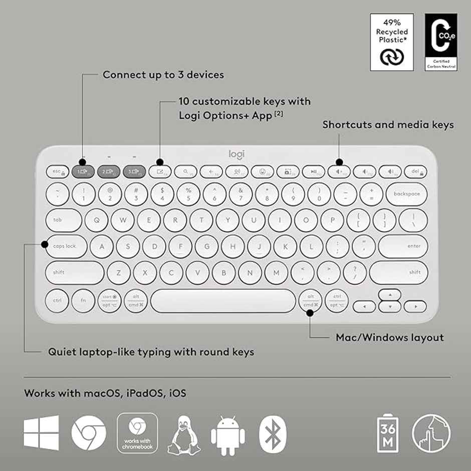 Logitech Pebble Keys 2 K380S Multi-Device Bluetooth Wireless Keyboard Tonal White