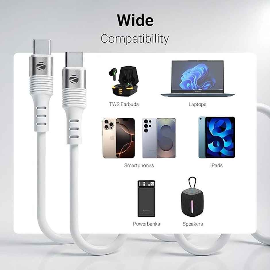 Zebronics Wattz 60CC2 1M Type-C to Type-C Cable, 60W PD, Charge & Sync | White