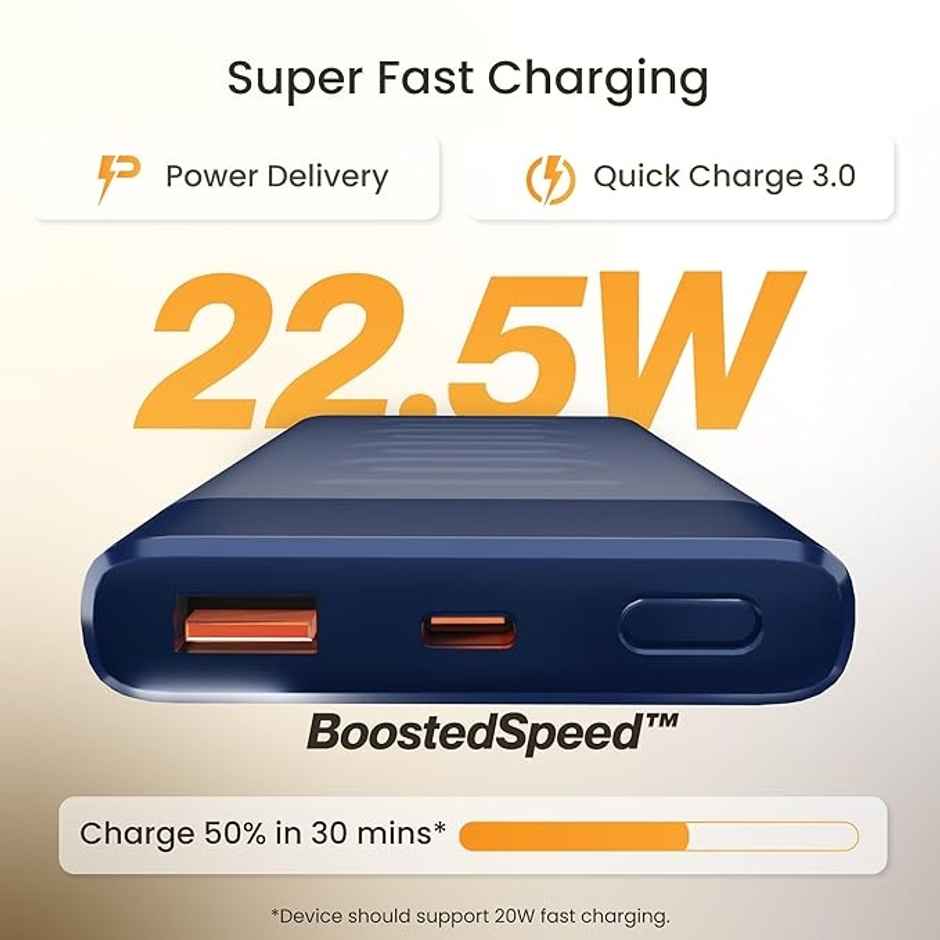 Ambrane Stylo 10000 mAh 22.5W Fast Charging Powerbank | Slim & Compact | USB & Type C Output | Blue