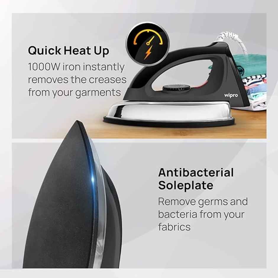 Wipro Elato Gd204 1200 Watt Heavyweight Dry Iron, Quick Heat Up, ,Black