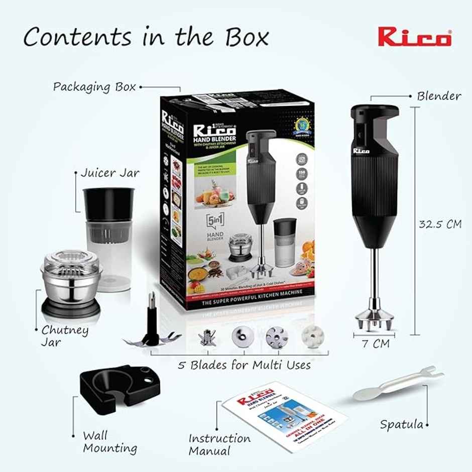 Rico Heavy Duty Portable Hand Blender For Kitchen| 5 Blades|Black