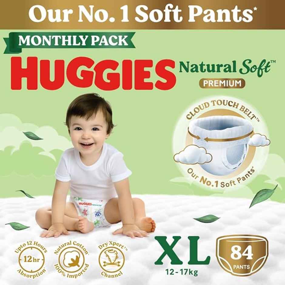 Huggies Natural Soft Premium Baby Diapers | Pant Style | XL | 84 pcs