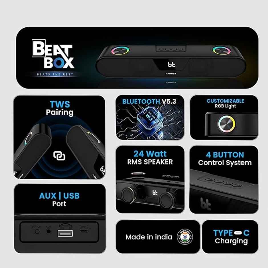 Hammer Beatbox Bluetooth Soundbar 24W Output| Rgb Lights| Aux| Tws Connectivity| 52Mm Drivers Black