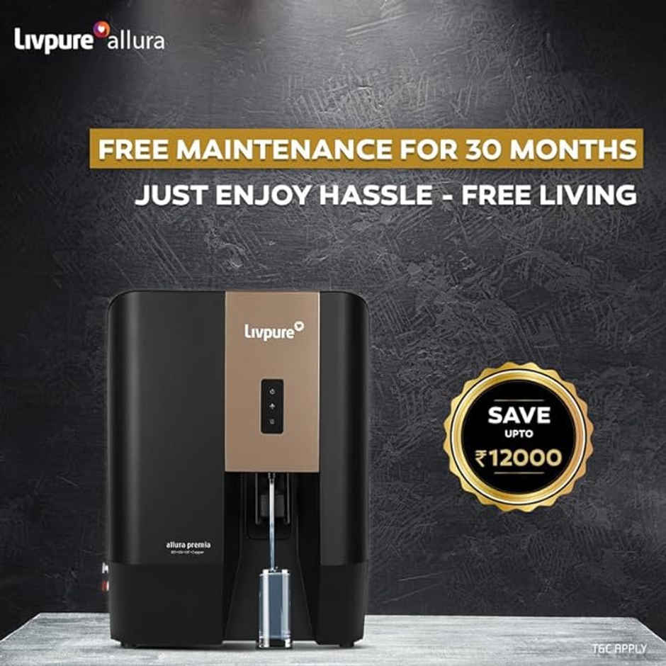 Livpure Allura Premia RO+UV + UF + Copper + Alk + Min Water Purifier with Free Service for 2.5 Years | 7 Ltr