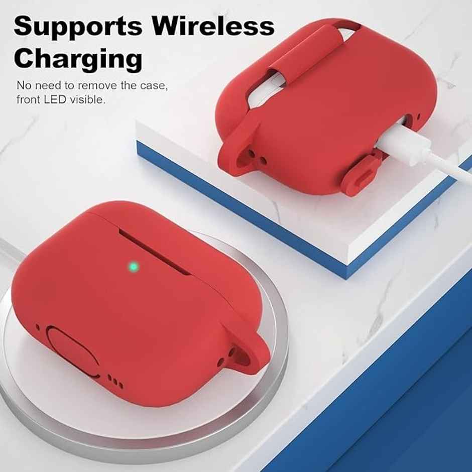 Sounce AirPods Pro Case Cover with Carabiner | Shockproof | Wireless Charging | LED Visible | Red