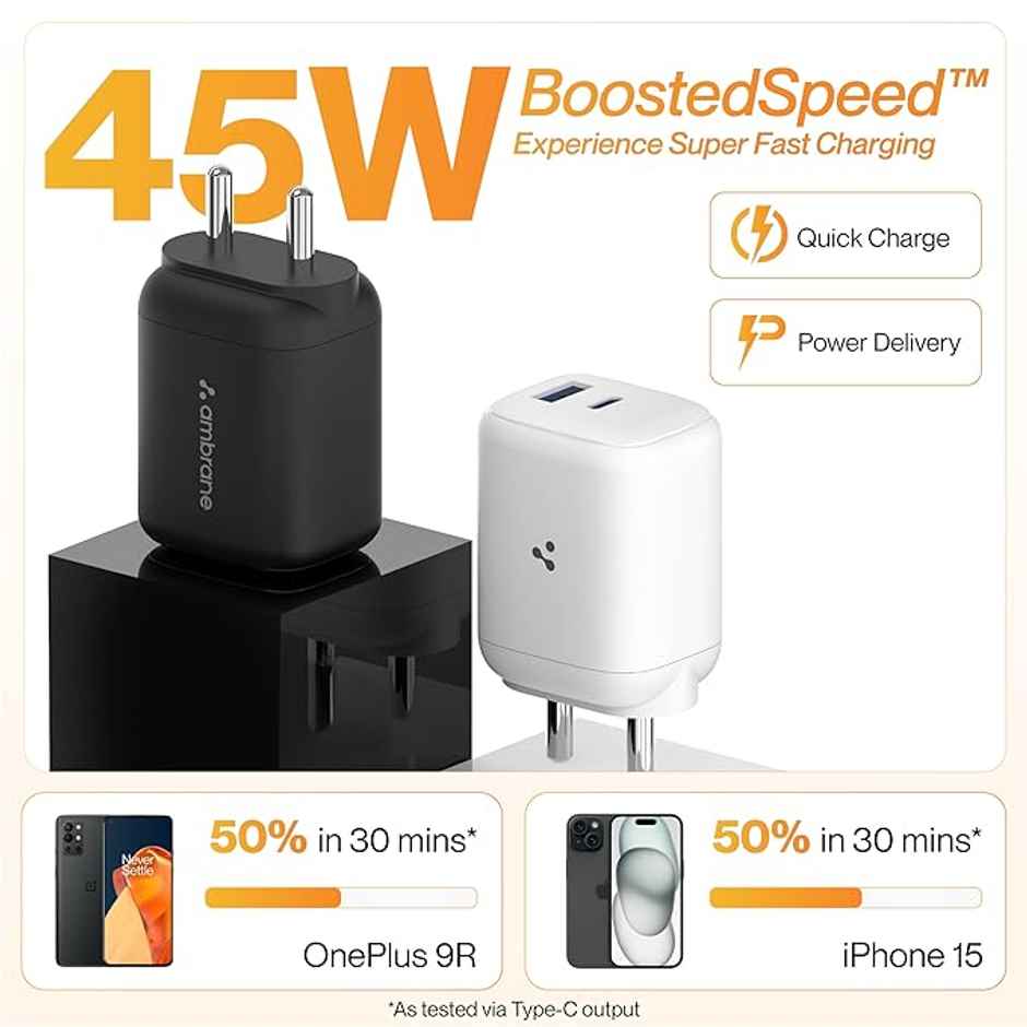 Ambrane 45W Dual Port GaN Charger, USB & Type C Port with QC & PD Technology Compatible with MacBook & Type-C Laptop Charging, iPhone, iPad, Samsung, Redmi, Mi, Oneplus, Oppo, Vivo (Charge 45) - Black