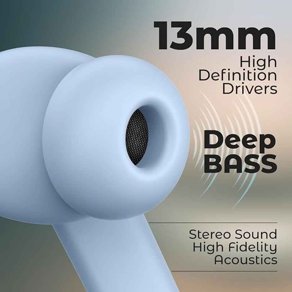 pTron Bassbuds Bliss TWS Earbuds | TruTalk ENC Calls | 40H Playtime | 50ms Game/Music Mode - Light Blue