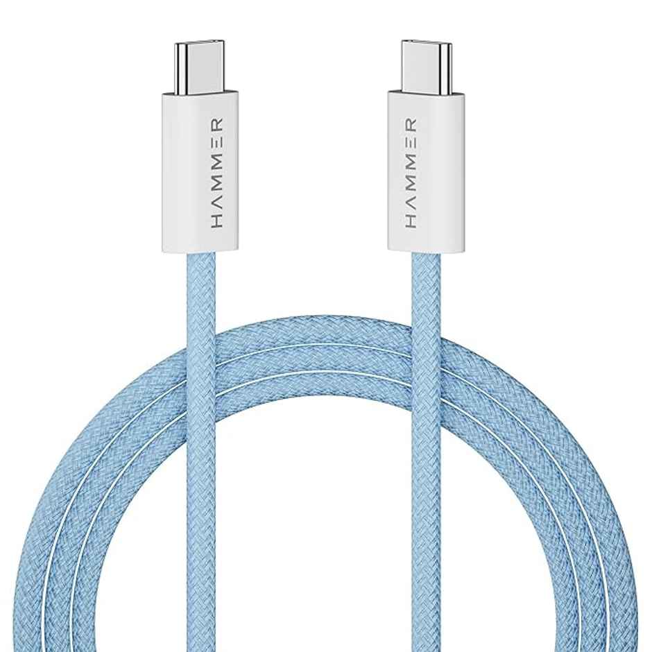 HAMMER Type C to Type C Cable 65W Braided, PD Fast Charging, Data Sync, 1.5 Meter Tangle Free Wire, Compatible with all C-Type Enabled Devices - Blue