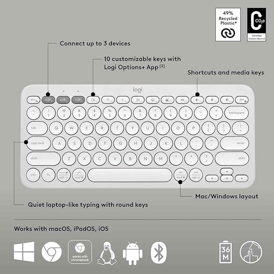 Logitech Pebble Keys 2 K380S Multi-Device Bluetooth Wireless Keyboard Tonal White