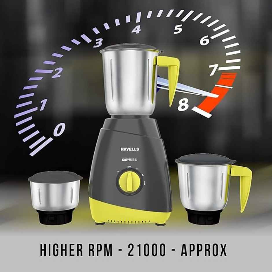 Havells Capture 500W 3 Jar Mixer Grinder, High Speed 21000 RPM Motor, Stainless Steel Blades (Grey & Green)