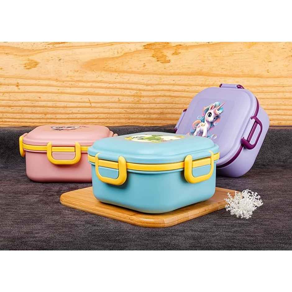 Attro Quick Bite Unicorn Magic Kids Lunch Box 800 ml with 3 Compartments | Fork & Spoon - Lavender