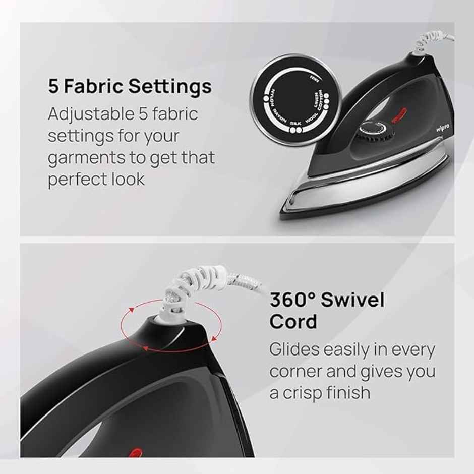 Wipro Elato Gd204 1200 Watt Heavyweight Dry Iron, Quick Heat Up, ,Black