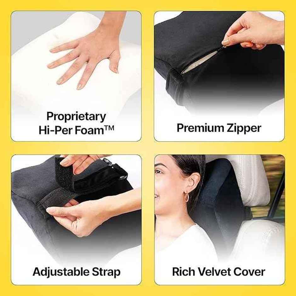Frido Ultimate Car Neck Rest Pillow,Hi-Per Foam Head Rest Pillow With Washable Velvet Cover, Black