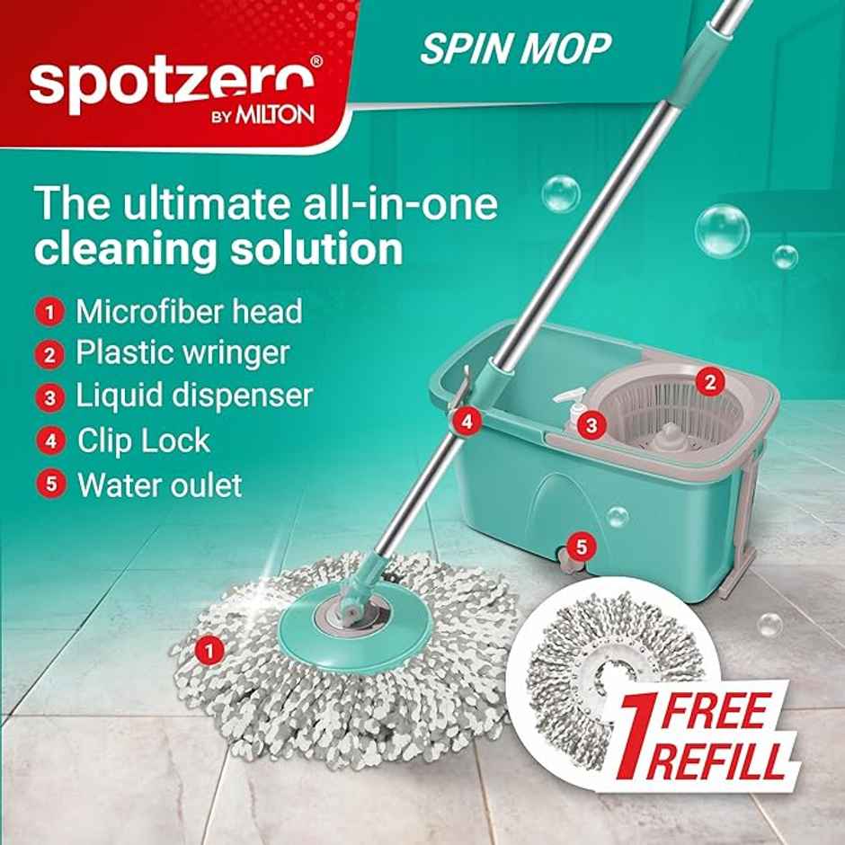 Spotzero By Milton Classic 360 Degree Cleaning Spin Mop With Easy Wheels, 2 Refill And Bucket