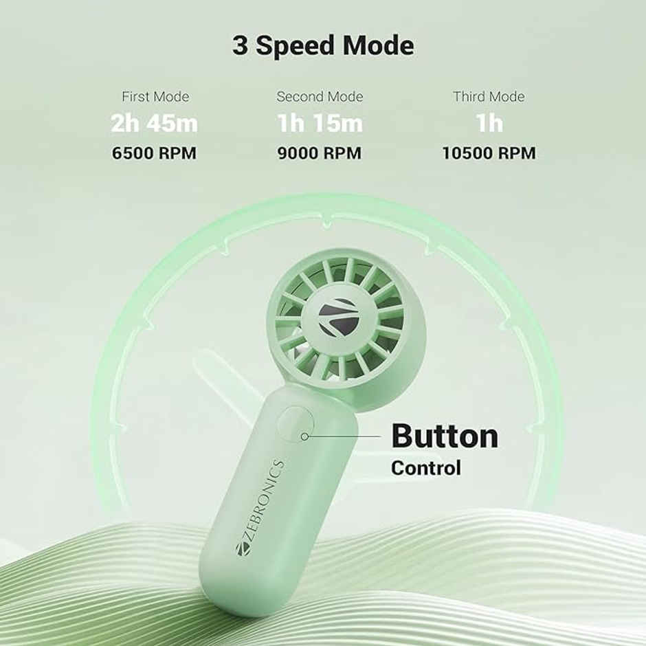 Zebronics Heat Buster 100 Green Mini Fan 10500 Rpm 3 Speed 5.4M S Airflow Type C Charge