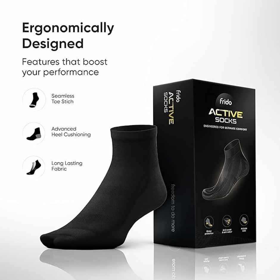 Frido Active Socks For Men and Women | Quarter Length | Core Black Color | UK 6-9 - 1 pc