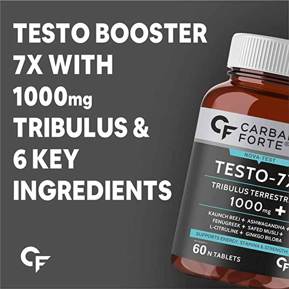 Carbamide Forte Testosterone Supplement for Men with Tribulus 1000mg, Ashwagandha, L-Citrulline & Kaunch Beej – 60 Veg Tablets