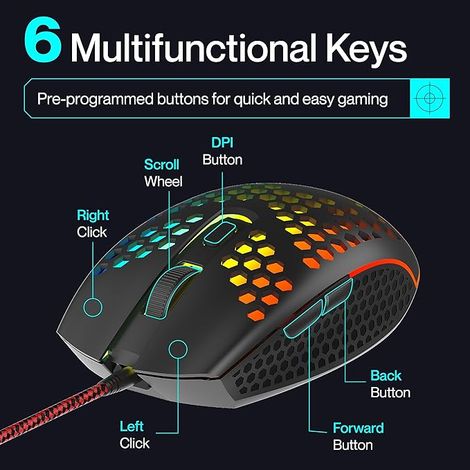 Ambrane Honeycomb Design Wired Gaming Mouse with 6 Programmable Buttons, 4-Speed Customizable 3600 DPI, Comfortable Grip, 7 Colors Breathing LED Light, 1.5m Long Cable, Lightweight - TroneX, Black