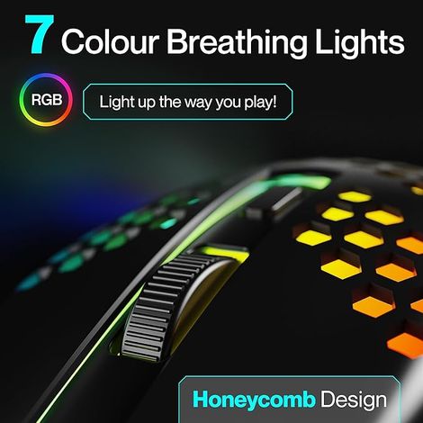 Ambrane Honeycomb Design Wired Gaming Mouse with 6 Programmable Buttons, 4-Speed Customizable 3600 DPI, Comfortable Grip, 7 Colors Breathing LED Light, 1.5m Long Cable, Lightweight - TroneX, Black