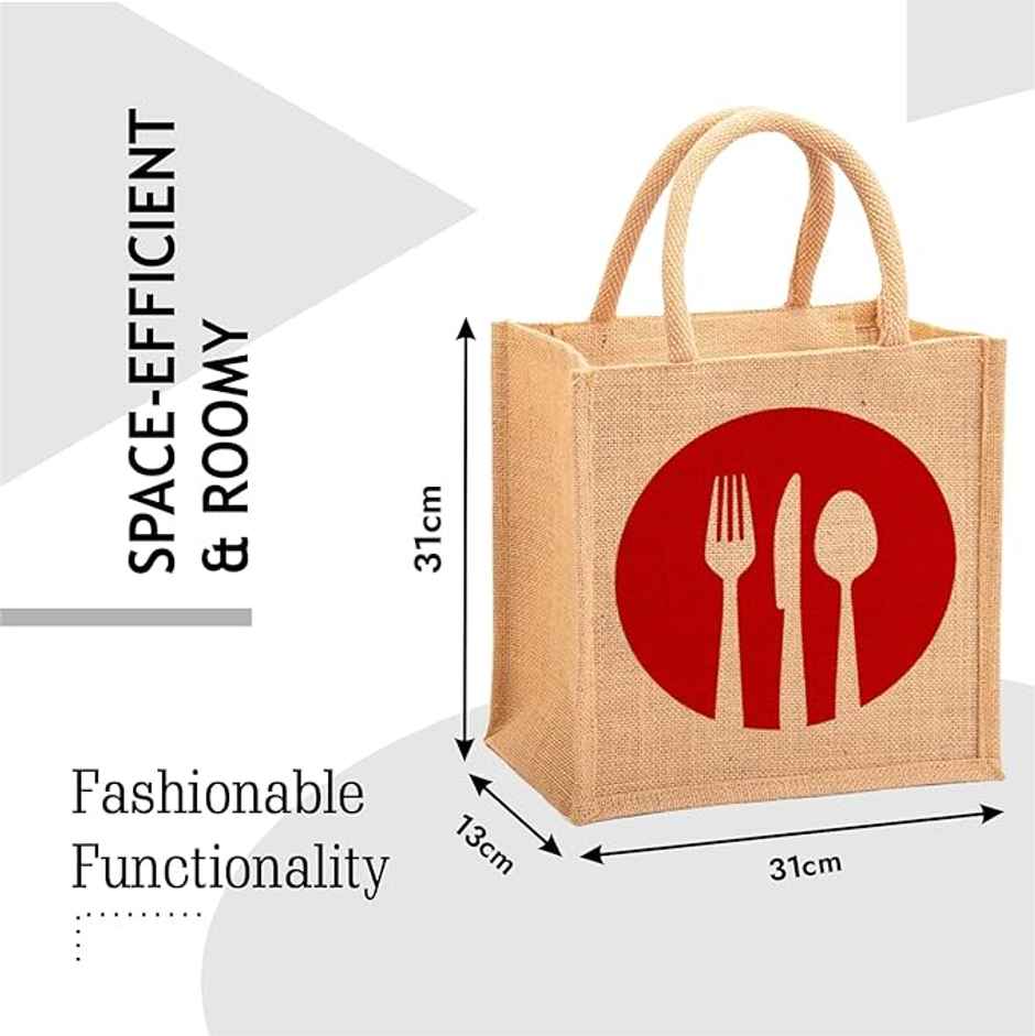 Kuber Industries Jute Red Spoon Fork Grocery Bag|Zipper Shopping Bag with Handle|Brown