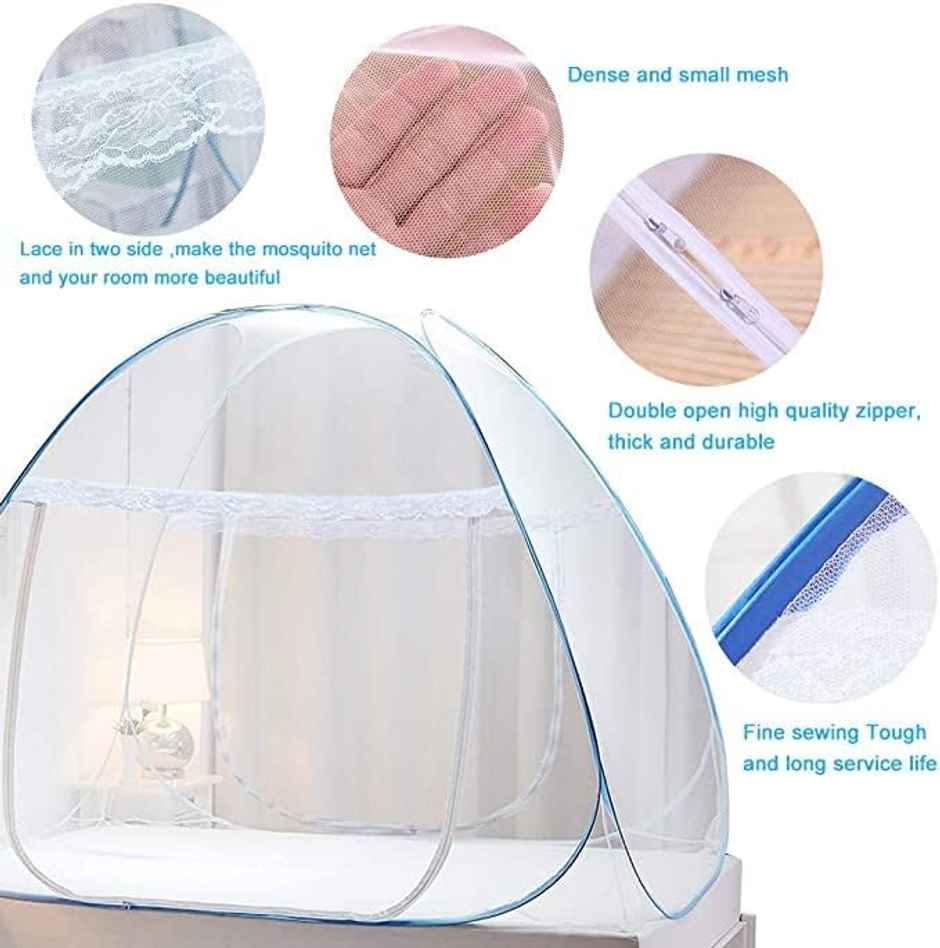 Bonkaso Foldable King Size Mosquito Net Bed With Free Storage Bag 6.5 X 6.5 Feet - Blue