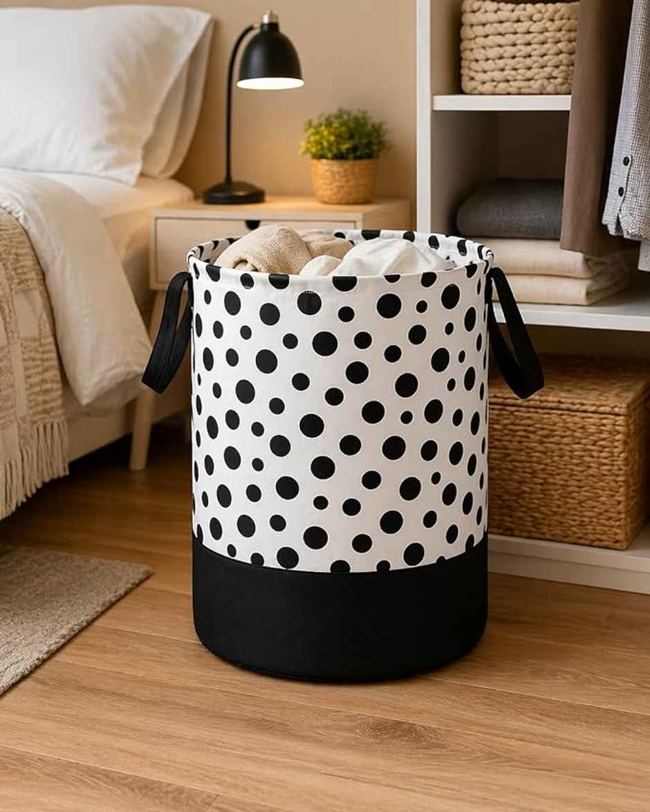 Perpetual Waterproof Laundry Cloth Basket, 45L, Foldable with Handle (Polka Lb)