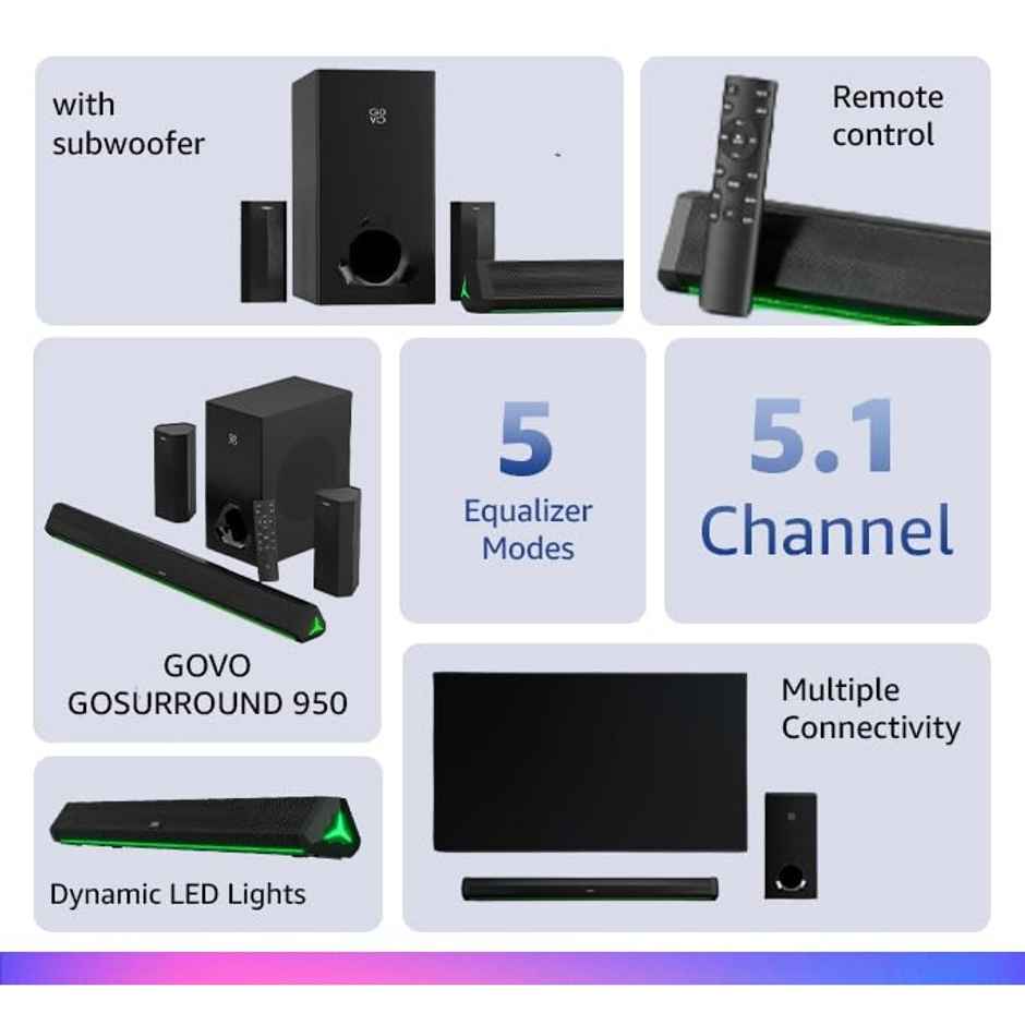 Govo Gosurround 950 | 280W Sound Bar | 5.1 Channel Home Theatre With 6.5" Subwoofer,(Black)