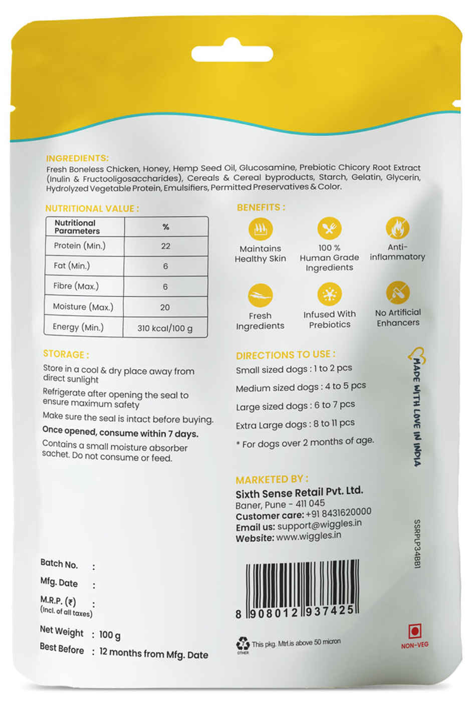 WIGGLES Barkstix Dog Treats for Training Adult Puppies, Hemp Seed Oil, Glucosamine (Honey Chicken)