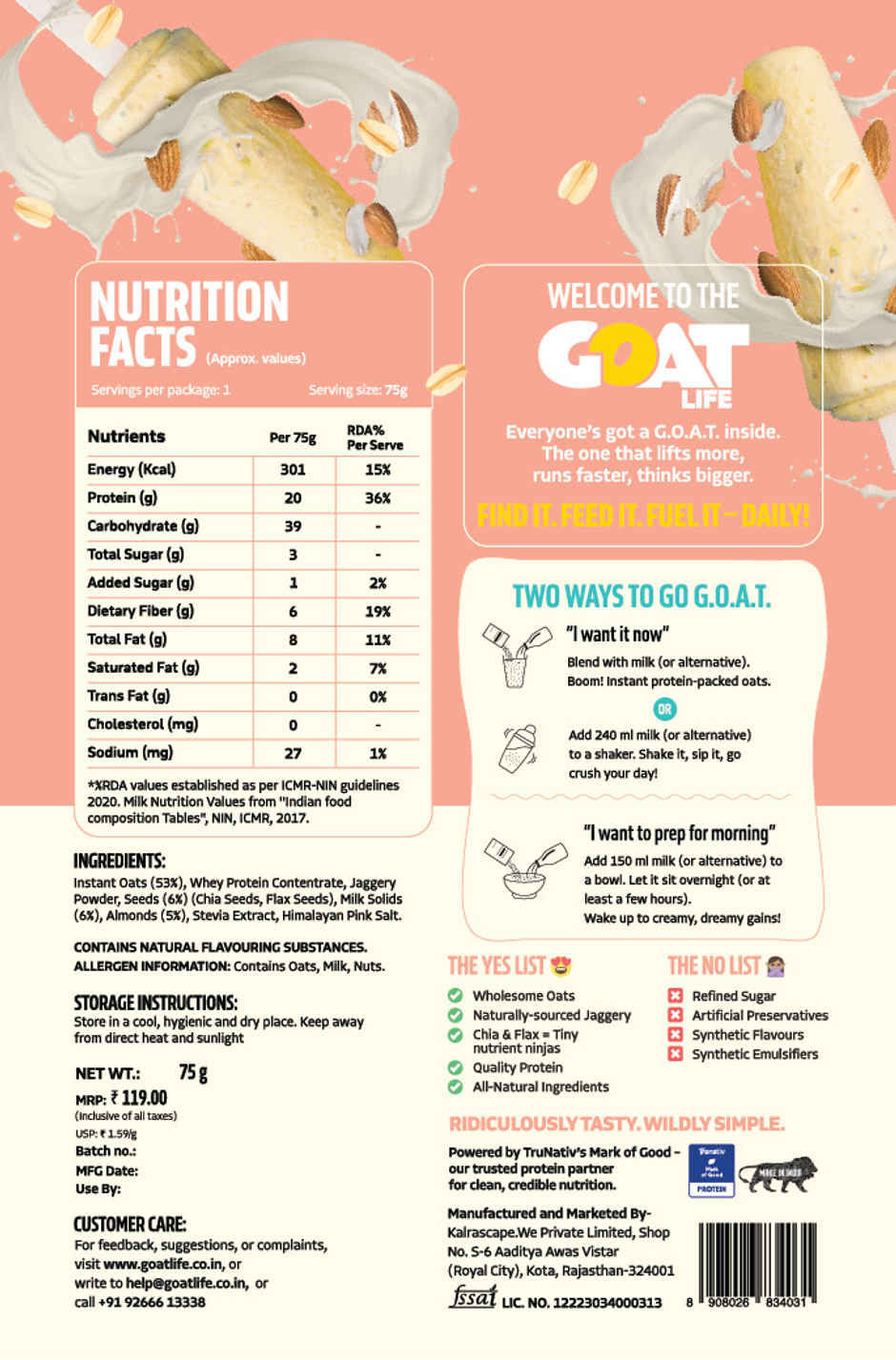 GOAT Life Almond Kulfi High-Protein Overnight Oats