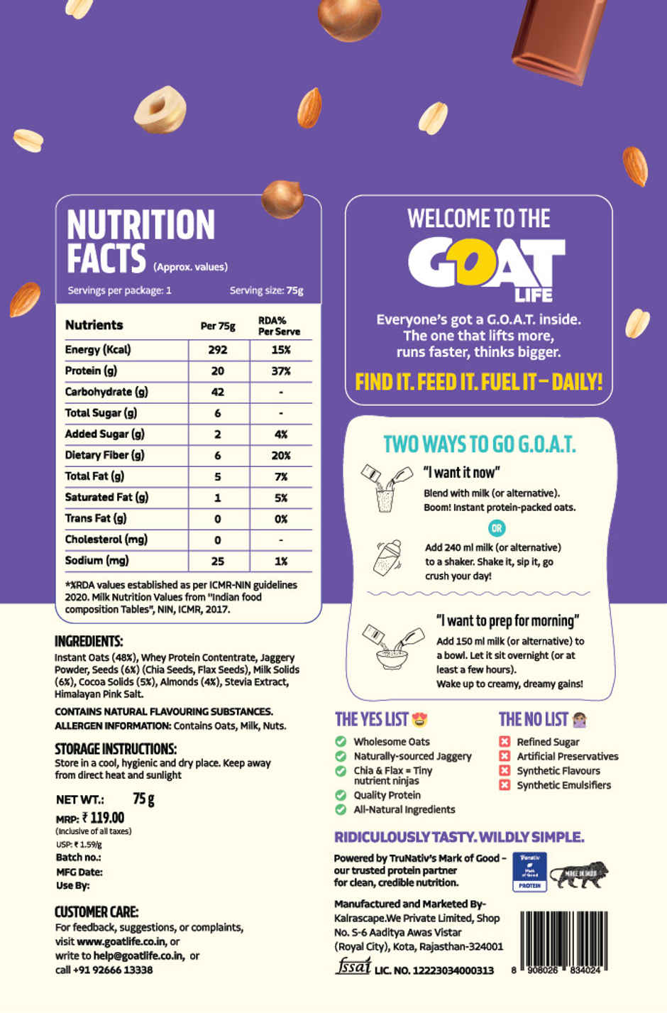 GOAT Life Choco-Nut-Crunch High-Protein Overnight Oats