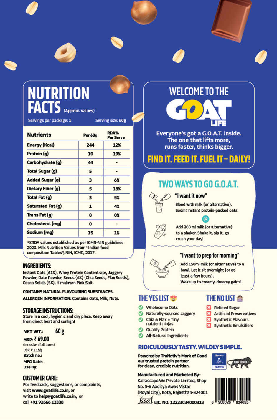 GOAT Life Choco Hazelnut High-Protein Overnight Oats