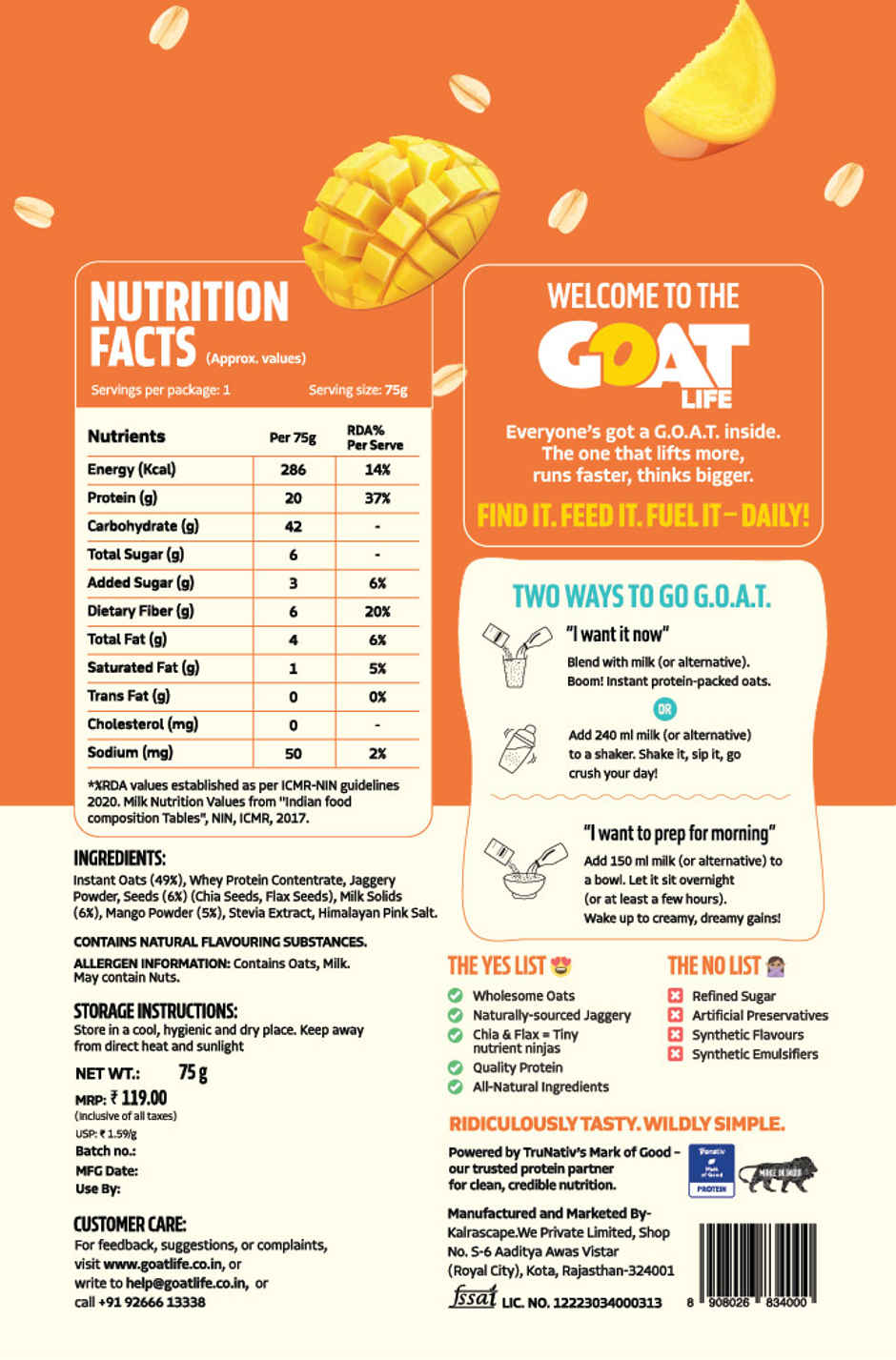 GOAT Life Mango Madness High-Protein Overnight Oats