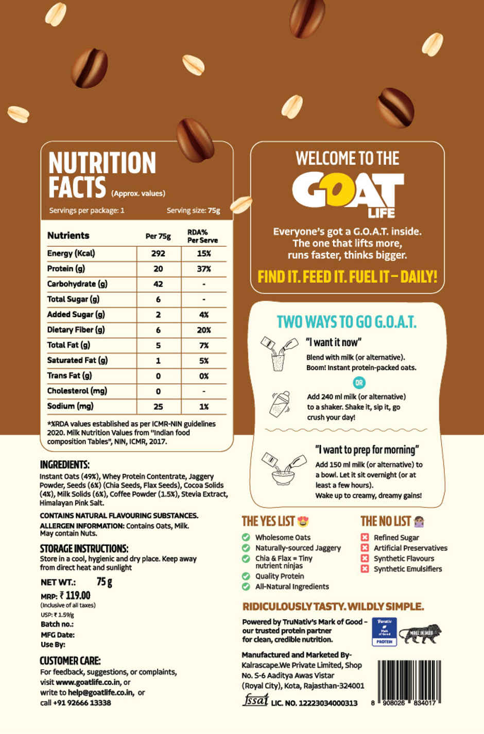 GOAT Life Mocha Marvel High-Protein Overnight Oats