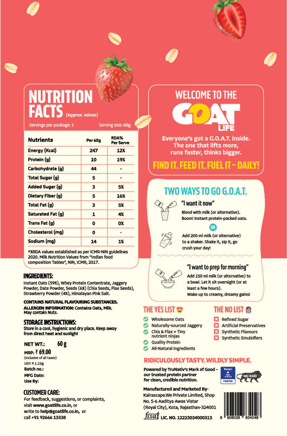 GOAT Life Strawberry Swirl High-Protein Overnight Oats