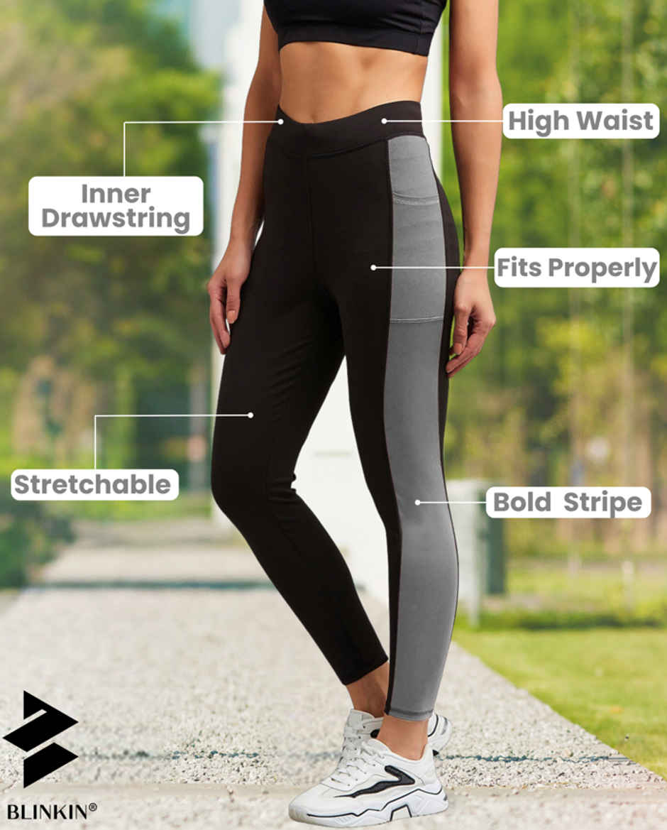 Blinkin Women's Gym Pants & Tights - Black | Grey | With Side Pockets | Ideal For Yoga | S