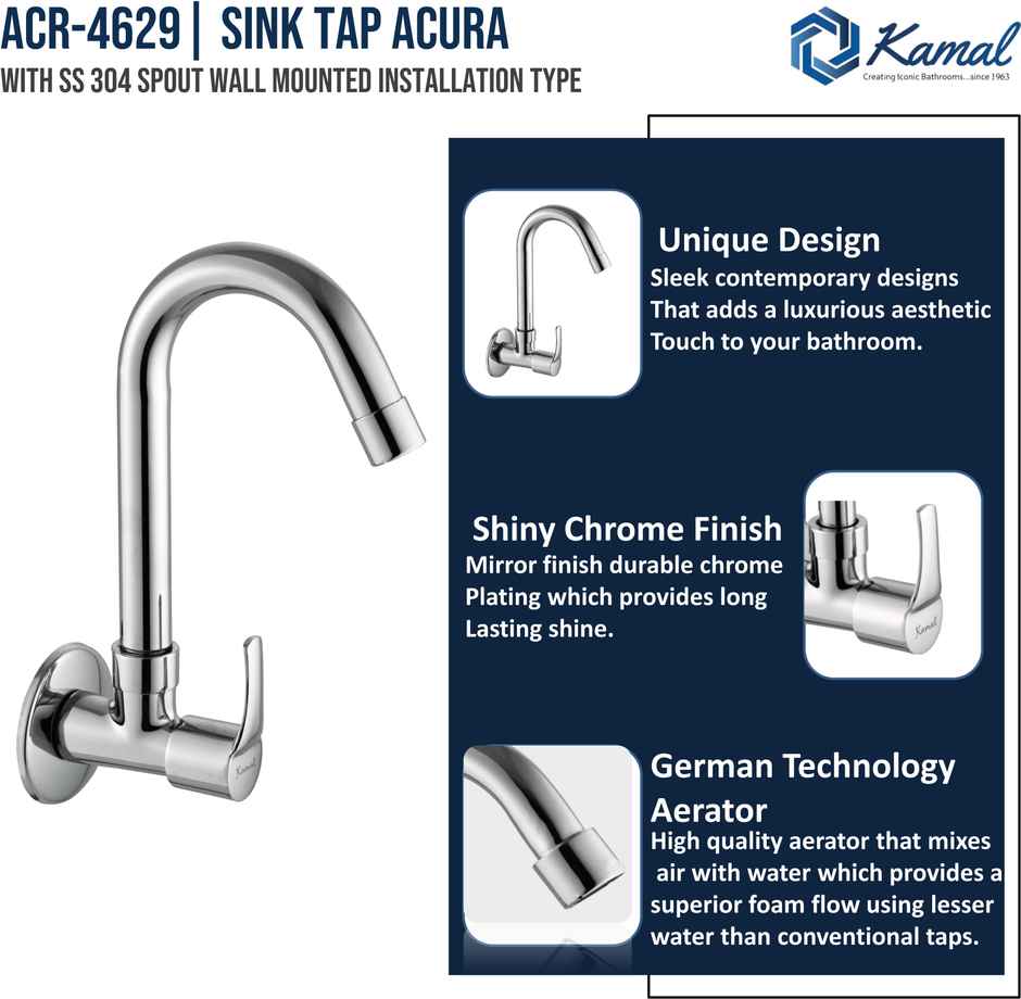 Kamal Sink Cock - Acura Kitchen Sink Faucet Brass | 180 Degree Swivel Spout Bib Tap Faucet