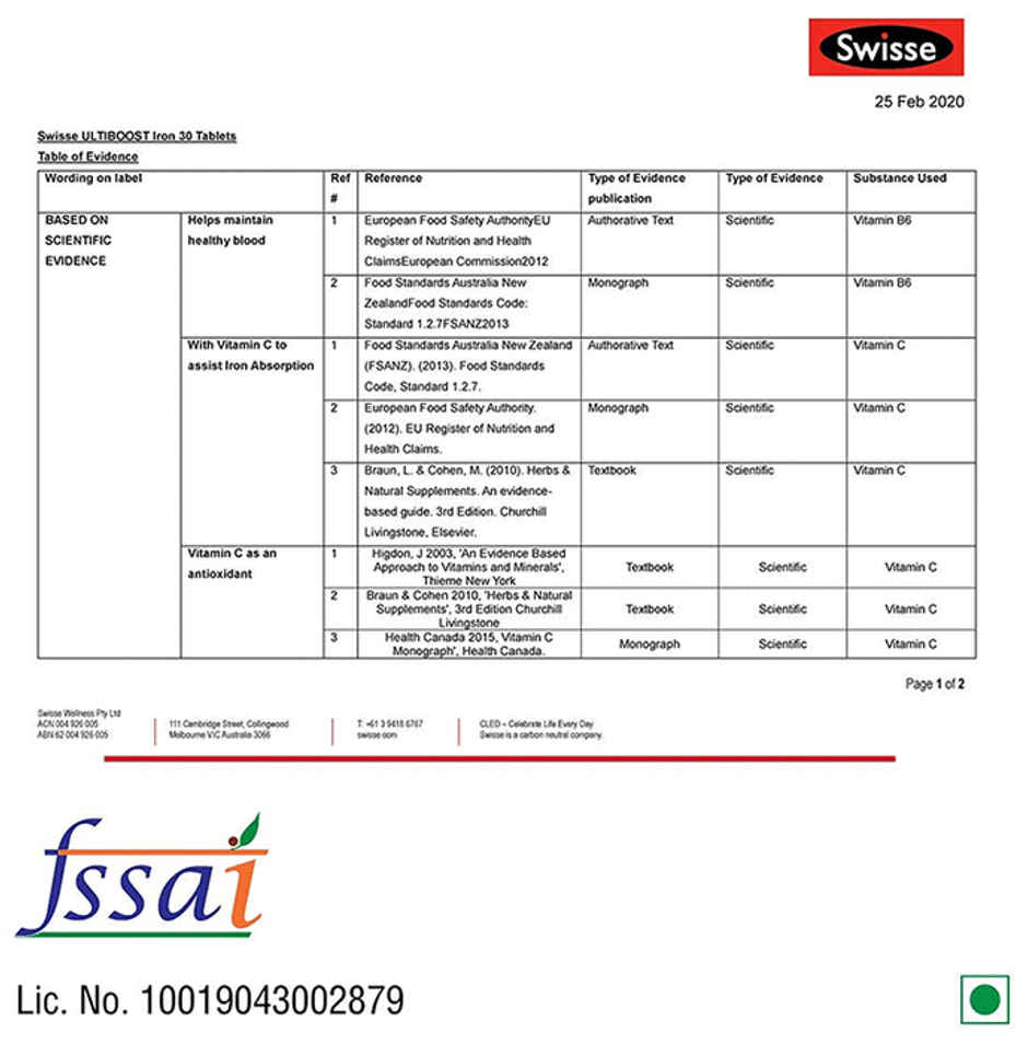 Swisse Iron Supplement With Vitamin C & Vitamin B12-30 Tablets