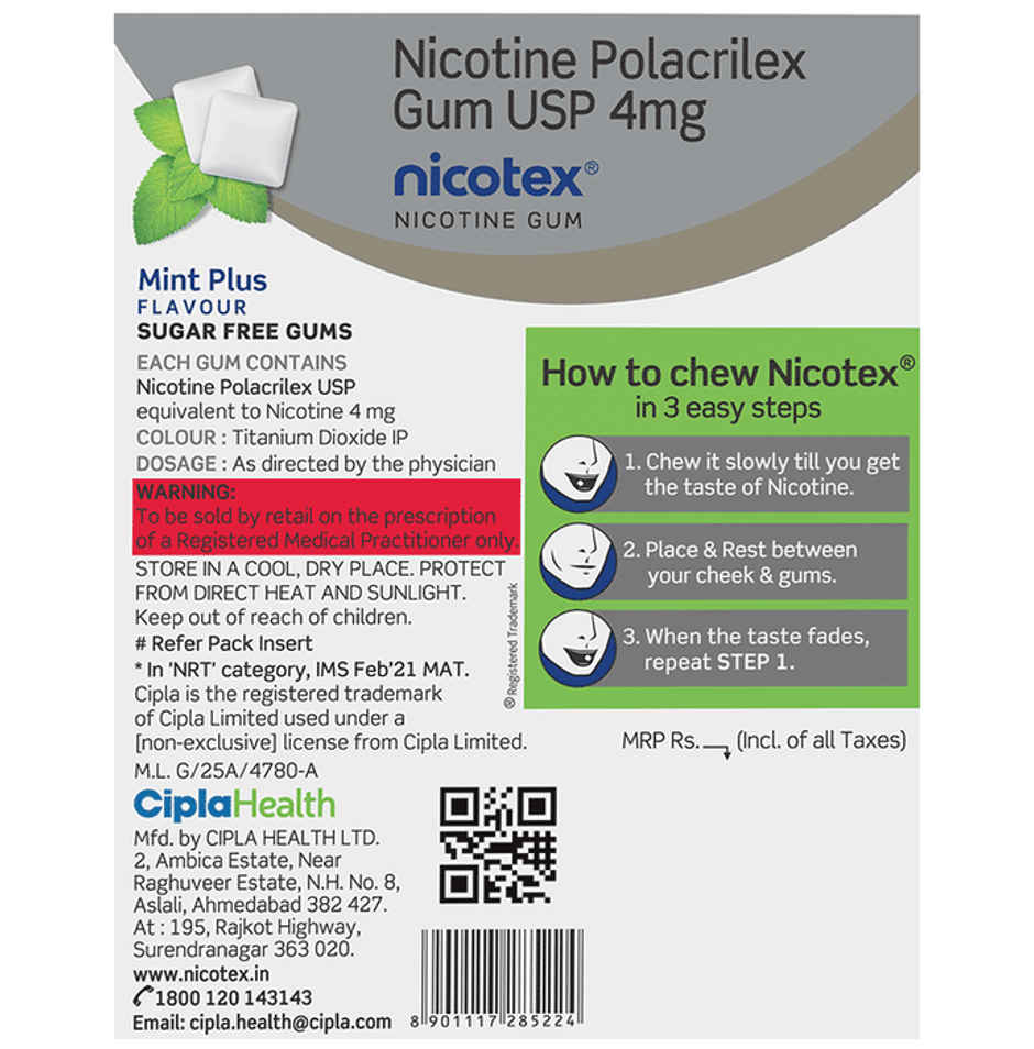 Nicotex 4mg Mint Plus Flavour Sugar Free Chewing Gum
