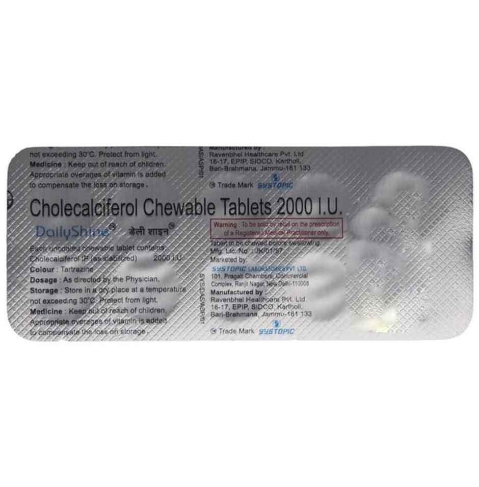 Dailyshine 2000IU Pineapple Flavour Sugar Free Vitamin D3 Chewable Tablet