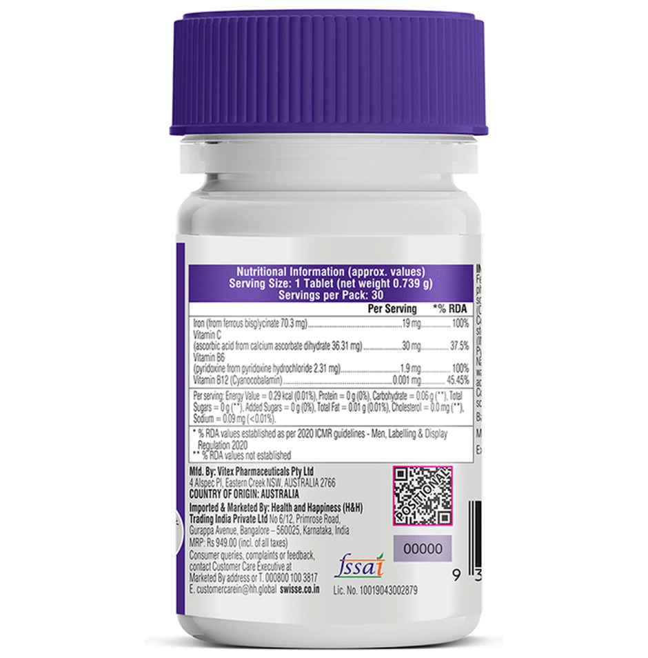 Swisse Iron Supplement With Vitamin C & Vitamin B12-30 Tablets