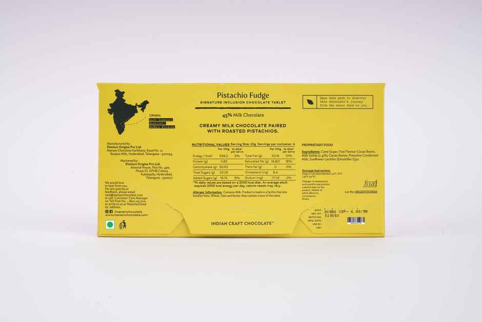 Manam Chocolate Pistachio Fudge Inclusion Tablet | 45% Milk