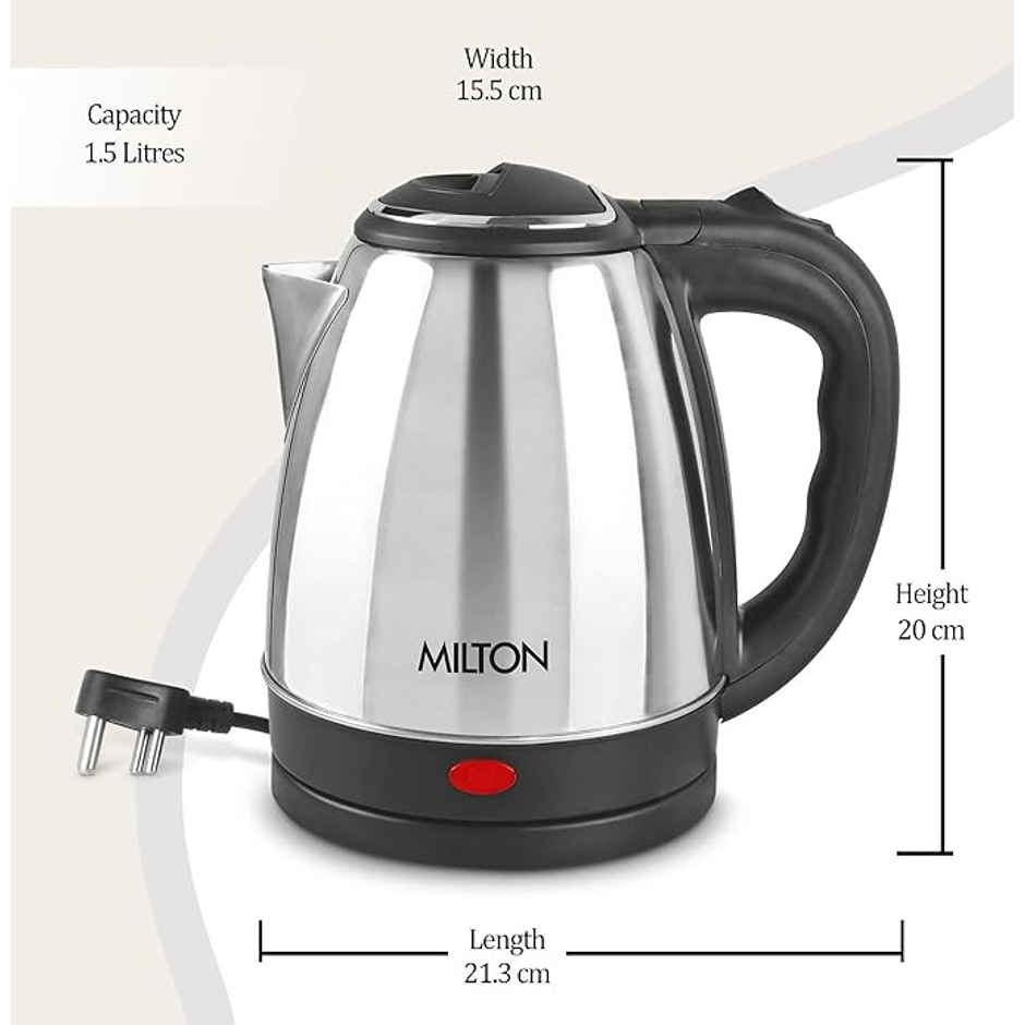 Milton Euroline Go Electro 1.5 Stainless Steel Electric Kettle| 1.5 Litres| Silver| 1500 Watts